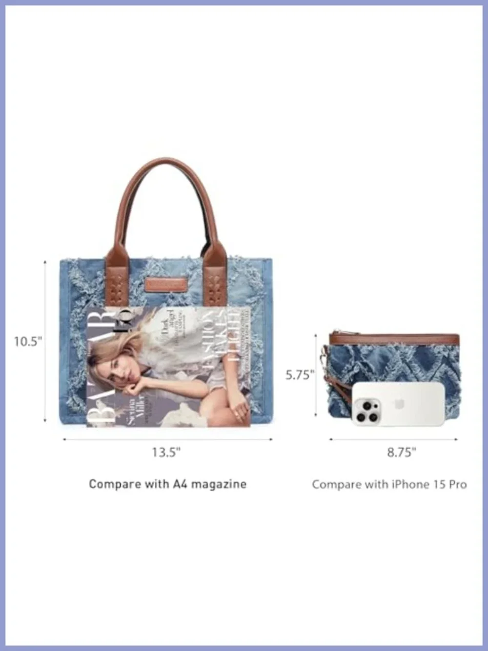 Denim Tote Bag Vegan Leather Satchel Purse with Wristlet